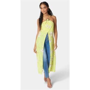 Bebe Women’s Neck Trim Slit Front Halter Top Yellow Floral Whisper Medium